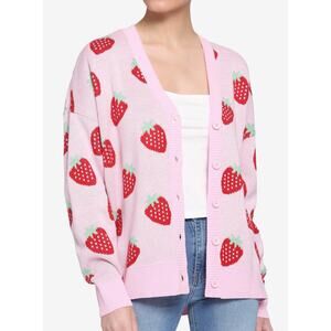 Hot Topic Strawberry Cardigan Sz XL Sweater Button Front Oversized Pink Coquette